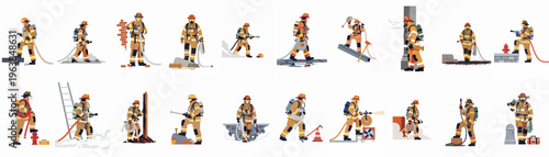 Large set of firefighter character illustrations in various poses and actions wearing protective gear and using firefighting equipment.