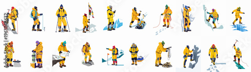 Set of mountaineering vector illustrations featuring climbers in yellow suits performing various activities like climbing, navigating, and resting in snowy mountain environments.
