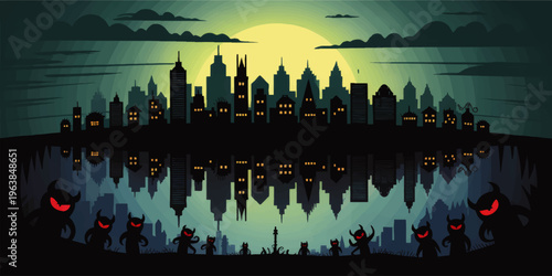 Dark fantasy city skyline at night with moonlit reflection and creepy red eyed monsters emerging from the shadows