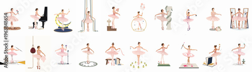 Set of twenty flat vector illustrations featuring a graceful ballerina in diverse whimsical and classic scenes, wearing a pink tutu and pointe shoes.