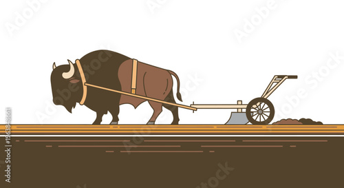 Brown bison pulling a plow machine.