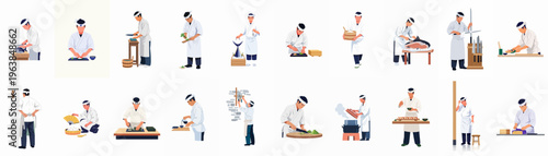 Flat vector illustrations of professional Japanese sushi chefs in traditional uniforms performing various culinary tasks like cutting fish, rolling sushi and preparing rice.
