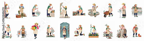Large collection of flat vector illustrations depicting various people gardening, pruning roses, and maintaining flower beds in a garden setting.