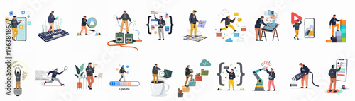 Comprehensive Set of Tech-Themed Illustrations Depicting Software Development, Data Management, Coding, and Digital Innovation with a Male Professional Character in Various Scenarios