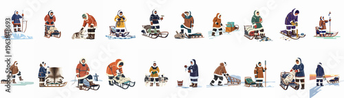 Large collection of illustrations depicting Arctic indigenous people in traditional parkas engaged in daily survival activities like hunting, fishing, and sledding in snowy landscapes.