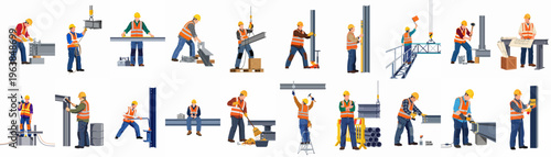 Collection of diverse construction worker illustrations showing various site activities like grinding, measuring, and heavy lifting on a white background.