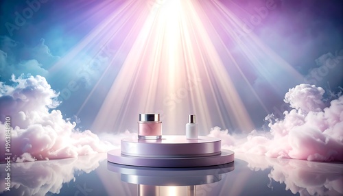 A cosmetics product presentation on a reflective platform, with a dreamy atmosphere. Sunlight beams down onto it from a colorful sky