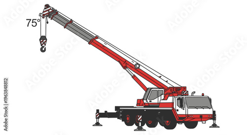 Large red truck mounted crane vehicle.