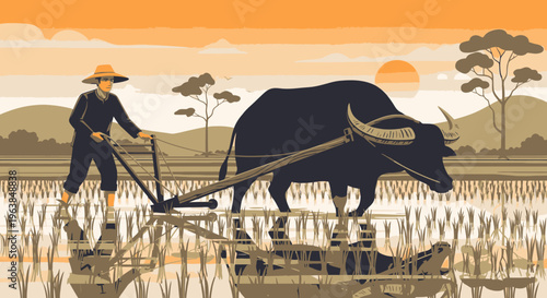 Man plowing field with big ox.