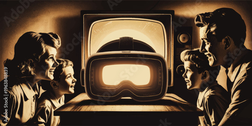 Retro family watching virtual reality headset television, vintage 1950s style illustration of futuristic VR technology and entertainment