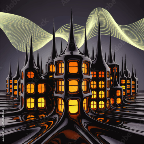 Futuristic glowing cityscape with surreal black towers and molten architecture against neon wave night sky, sci fi abstract illustration