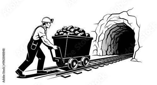 Man pushing coal mine cart on tracks.
