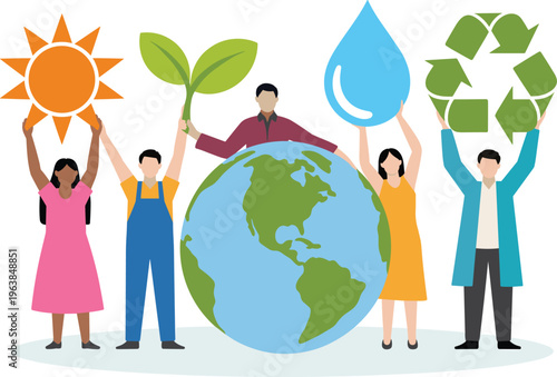 Sustainability concept illustration, people holding eco symbols, renewable energy, water conservation, recycling, environmental protection, global awareness, green lifestyle vector design