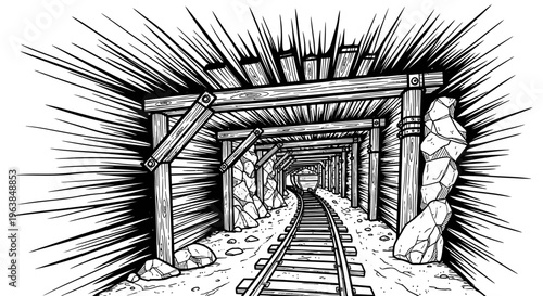 Mine tunnel with railroad tracks inside.