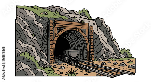 Mine tunnel with railway track inside.