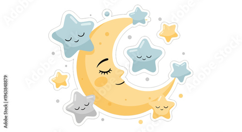 Cute cartoon moon and stars sleeping peacefully together in space at night