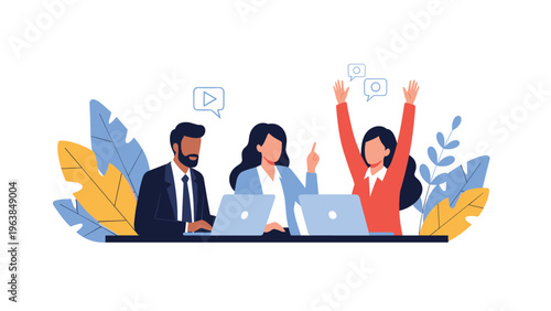 Group of diverse colleagues working together at a table with laptops while one woman celebrates a successful achievement.