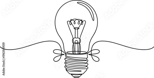 minimalist continuous line art light bulb with simple filament symbolizing idea creativity innovation inspiration and modern design concept illustration
