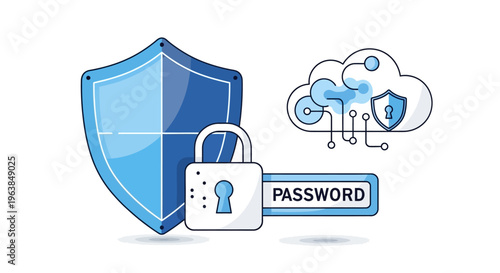 Digital illustration of a shield, padlock, and key securing a cloud password
