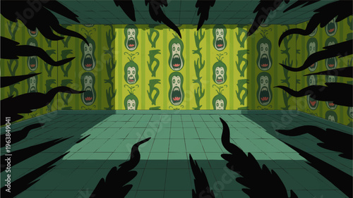 Surreal haunted room interior with eerie screaming face wallpaper and invading dark shadows, cartoon horror background illustration