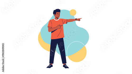 Confident man stands against colorful abstract shapes while pointing his finger toward a specific direction, goal, or future vision.