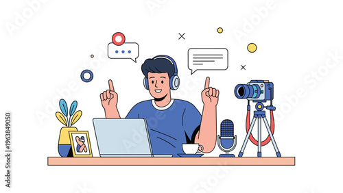 Creative male influencer records a professional video or podcast at his desk equipped with a laptop, high-quality camera, and microphone.