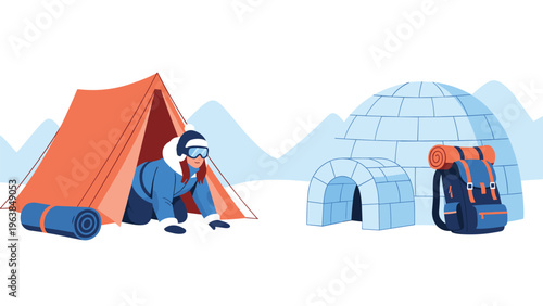 Adventurous explorer in warm winter gear crawls out of an orange tent next to a sturdy igloo and backpack in a frozen arctic landscape.