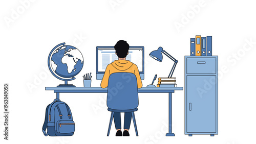 Man focused on his work or studies sits at a organized desk with a computer, globe, books, and filing cabinet in a home office.