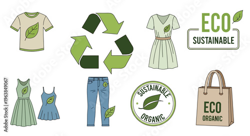 Eco friendly clothing and accessories with recycling symbol on white background