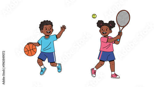 Active young boy and girl enjoy their favorite sports with the boy playing basketball and the girl skillfully swinging a tennis racket.