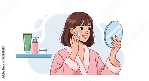 Woman in pink robe examines face in mirror with skincare products on shelf