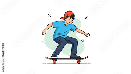 Active young boy performs a balanced move on his skateboard against a background of abstract geometric shapes and lines.