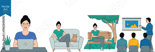 Vector art lifestyle scenes collection, woman working laptop, relaxing at home with pet, outdoor leisure, education presentation, modern flat illustration design