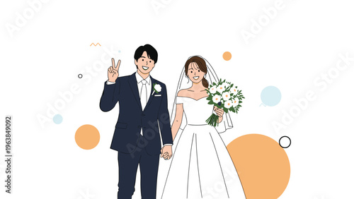 Radiant bride and groom celebrate their wedding day while holding hands and posing with a beautiful flower bouquet and a joyful peace sign.