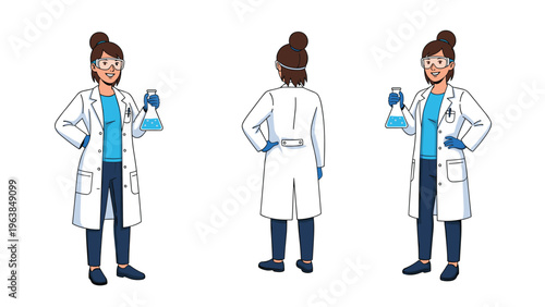 Professional female scientist character in a white lab coat holds a chemical flask and is shown in various views for character design.