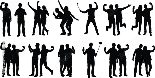 people taking selfies silhouettes collection, friends posing with smartphones, social media lifestyle, happy moments, group interaction, modern communication illustration set