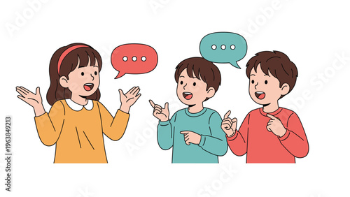 Group of three young children having a friendly conversation together with colorful speech bubbles.