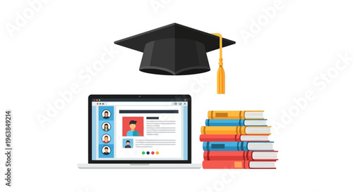 Graduation cap hovers over laptop with online course on screen and stack of books.