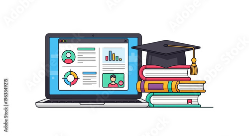 Graduation cap sits on books beside laptop showing educational charts and graphs.
