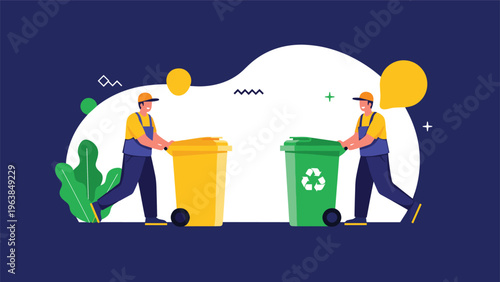 Team of sanitation workers in bright uniforms pushing recycling bins against a decorative graphic background.