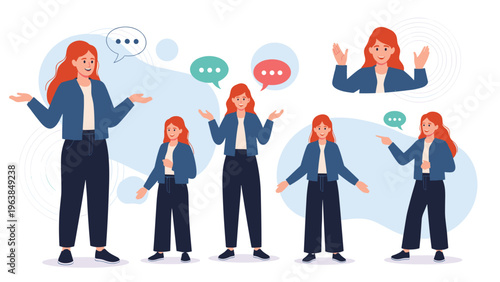 Young girl with red hair in different communicative poses using speech bubbles to express herself.