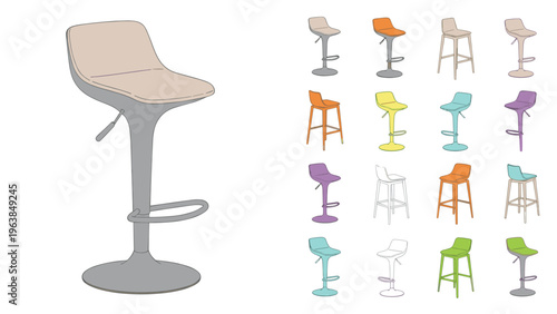 Large selection of modern and stylish bar stools in various designs and colors for interior decoration.