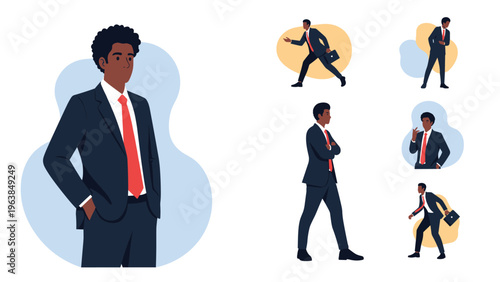 Black businessman in a smart suit in various active poses including walking and carrying a briefcase.