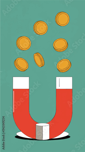 Money magnet attracting falling gold coins on teal background, financial success concept, business investment and income growth illustration