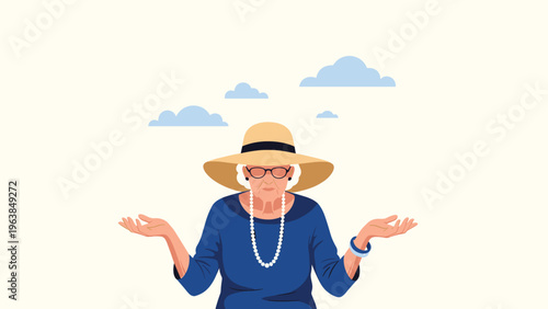 Senior woman in a blue shirt and large sun hat looking confused with her hands held out in a questioning gesture.
