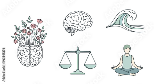 An illustration depicts a brain with flowers, a separate brain, a person meditating, a wave, and a scale.