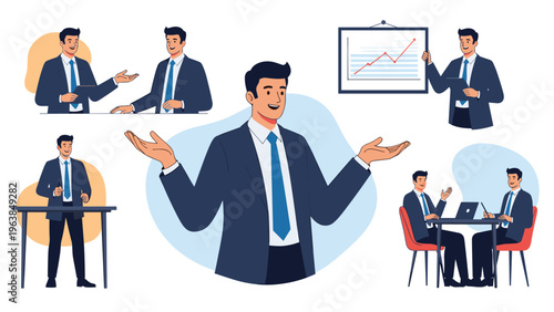 Professional man in a business suit in various situations like presenting at a board and working.