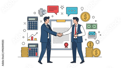 Two professional businessmen shaking hands after signing a contract with various financial icons around.
