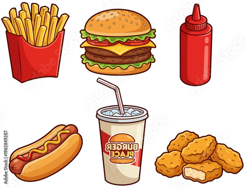 Vector set of fast food icons: double cheeseburger, hamburger, french fries, hot dog, chicken nuggets, glass of soda, bottle of ketchup, fast food clipart, no background, isolated