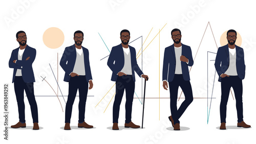 Black man in a stylish suit and glasses in different professional and casual standing poses.
